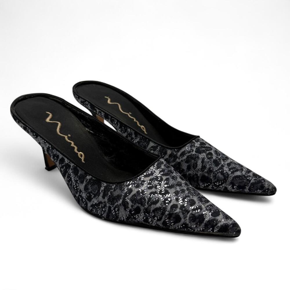 Nina black & gray sequin leopard print kitten heel mules size 7 going out